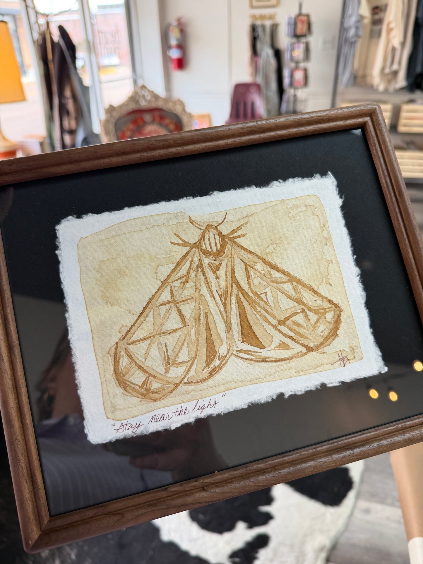 "Stay near the Light" II | Moth | 5x7 Coffee Painting