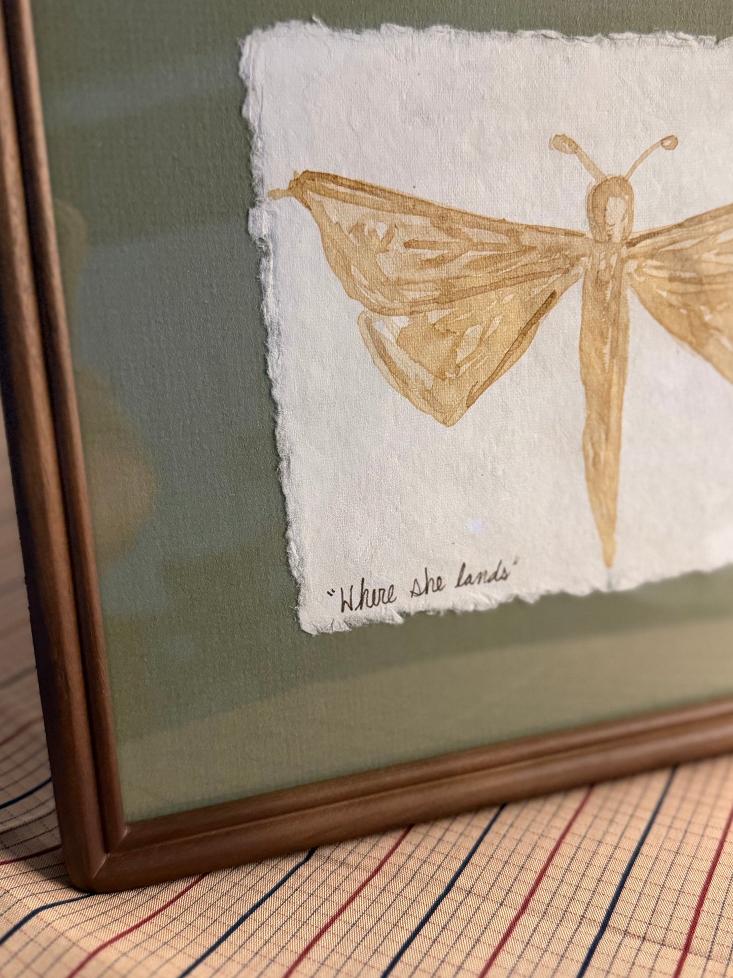 "Where She Lands" | Dragonfly on Green | 5x7 Coffee Painting