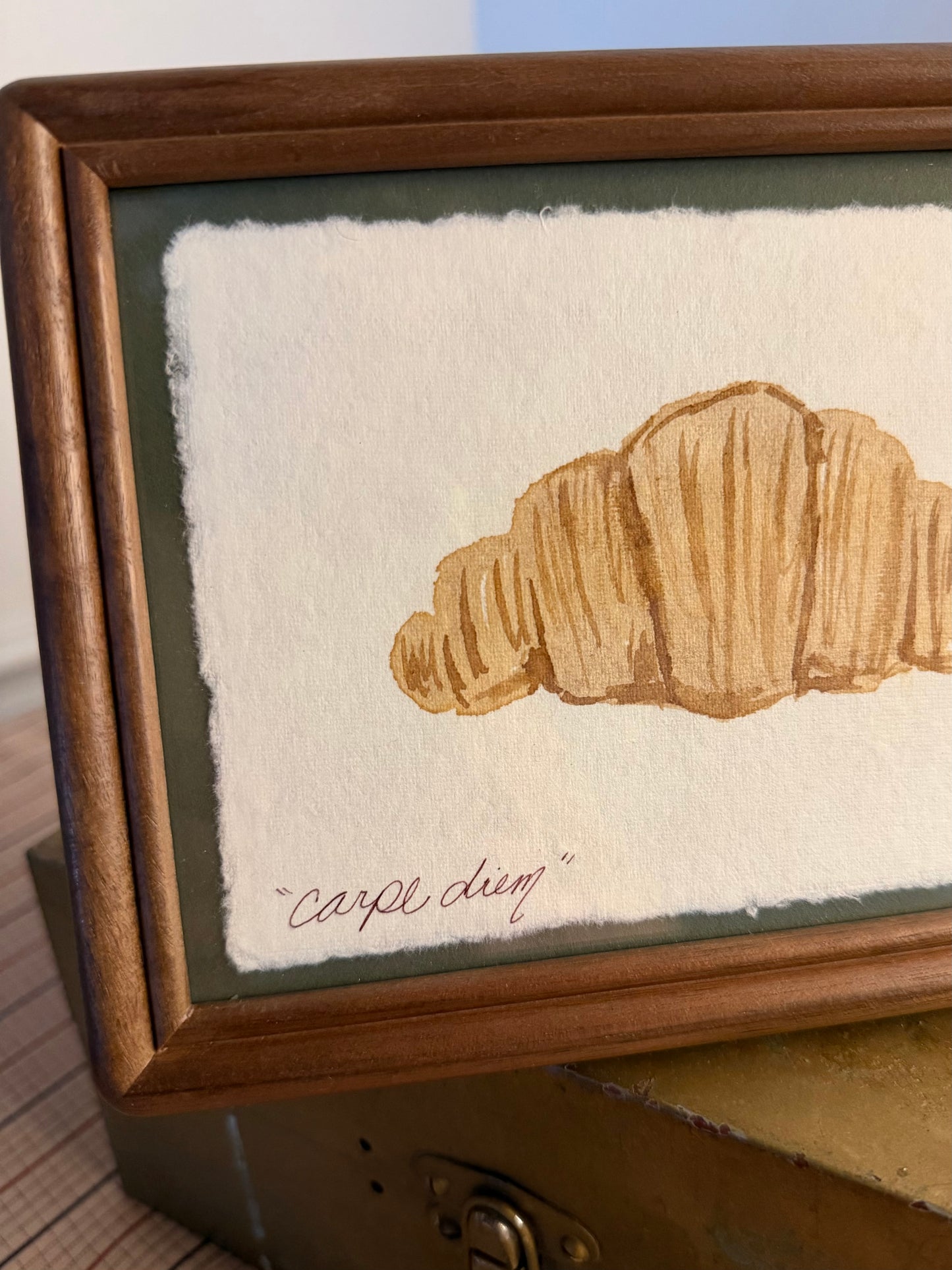 "Carpe Diem" | Croissant on Green| 4x6 Coffee Painting