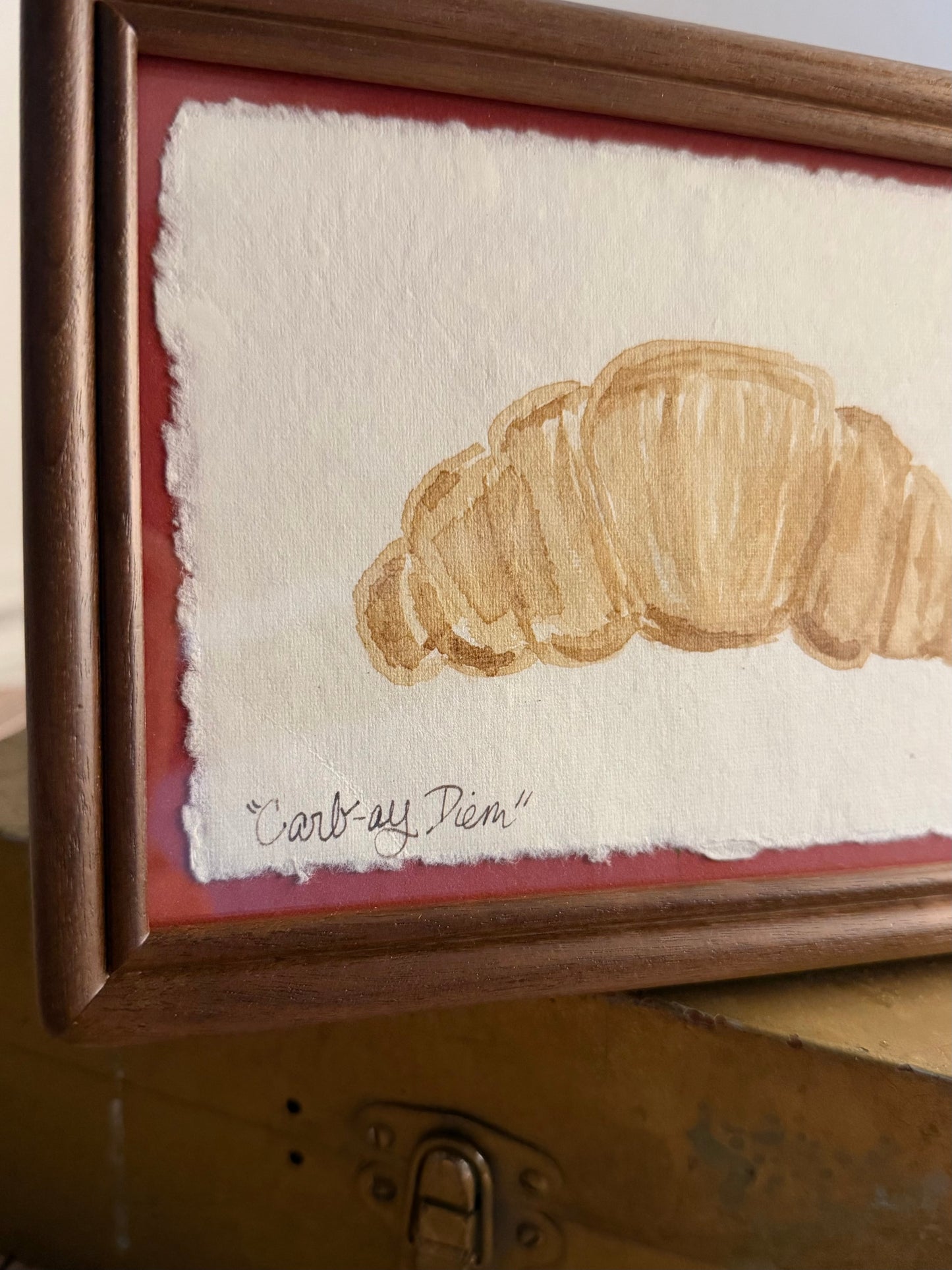 "Carb-ay Diem" | Croissant on Rust | 4x6 Coffee Painting