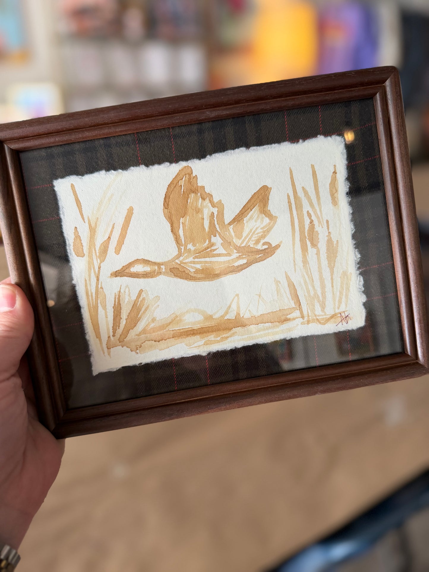 Flying Duck on Plaid Background| 4x6 Coffee Painting