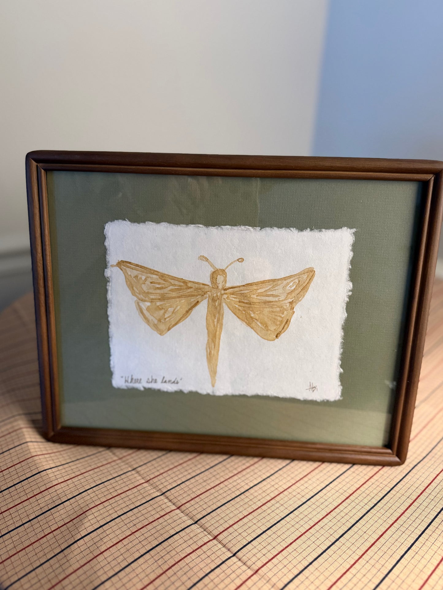 "Where She Lands" | Dragonfly on Green  | 5x7 Coffee Painting