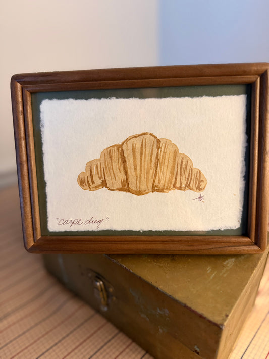 "Carpe Diem" | Croissant on Green| 4x6 Coffee Painting
