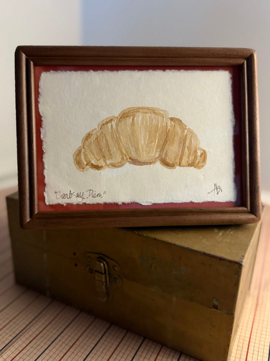 "Carb-ay Diem" | Croissant on Rust  | 4x6 Coffee Painting