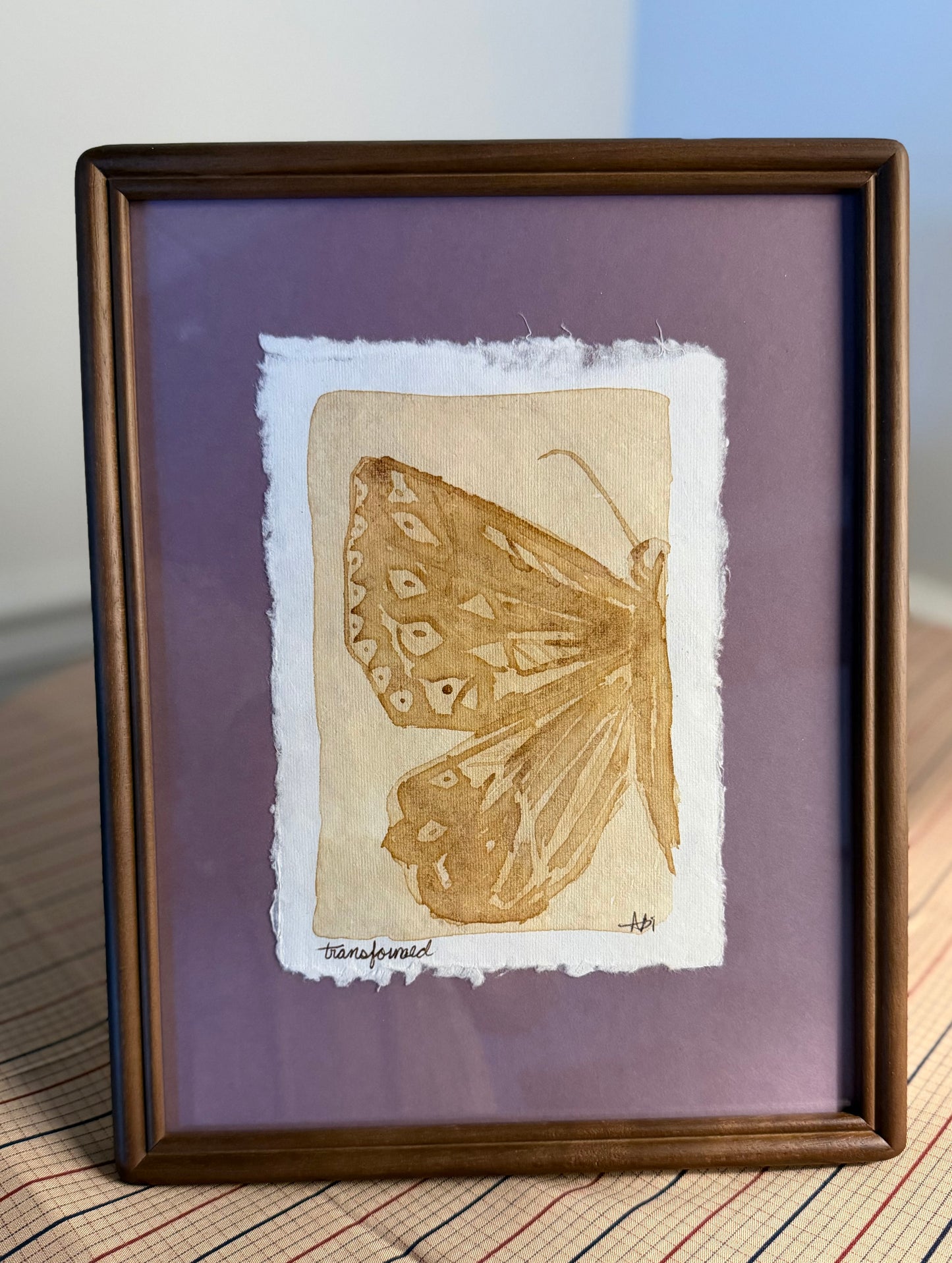 "Transformed" | Butterfly on Purple  | 5x7 Coffee Painting