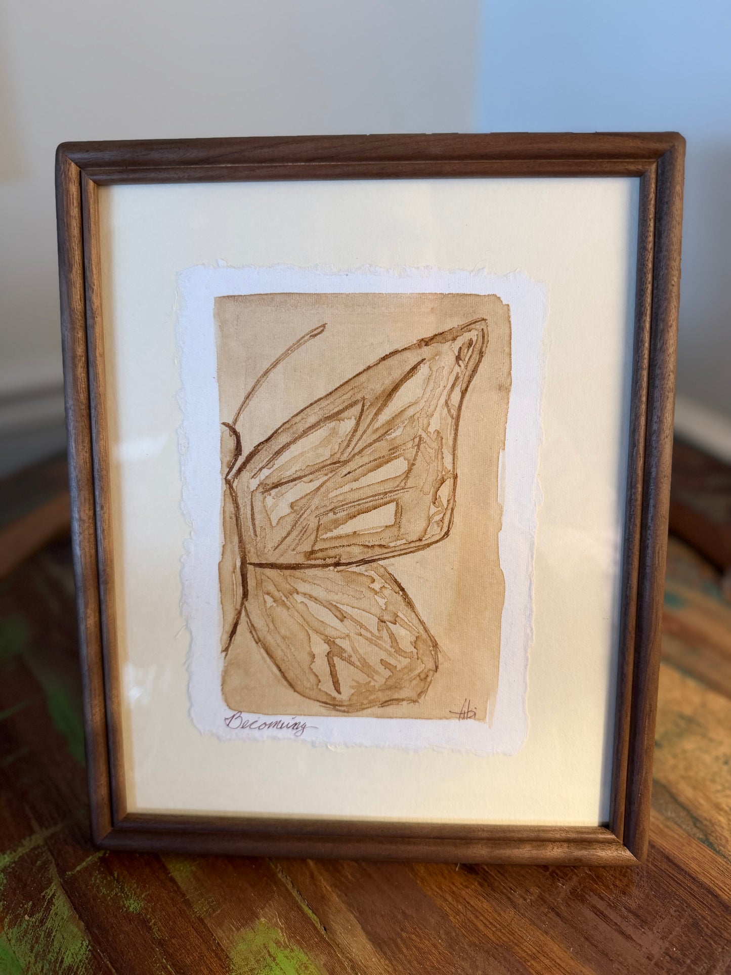 "Becoming" II | Butterfly on Cream  | 5x7 Coffee Painting