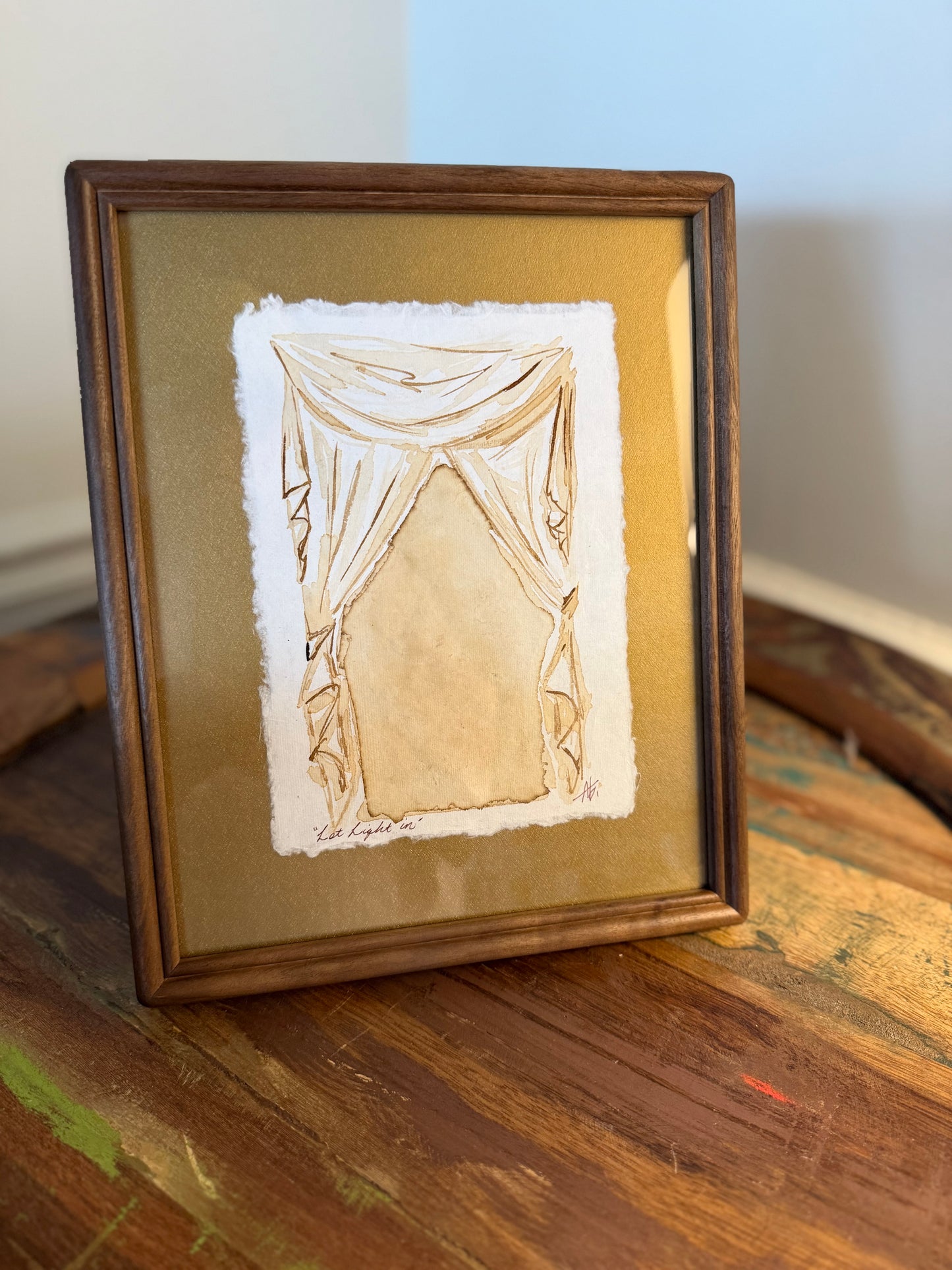 "Let Light In" | Curtains on Gold | 5x7 Coffee Painting