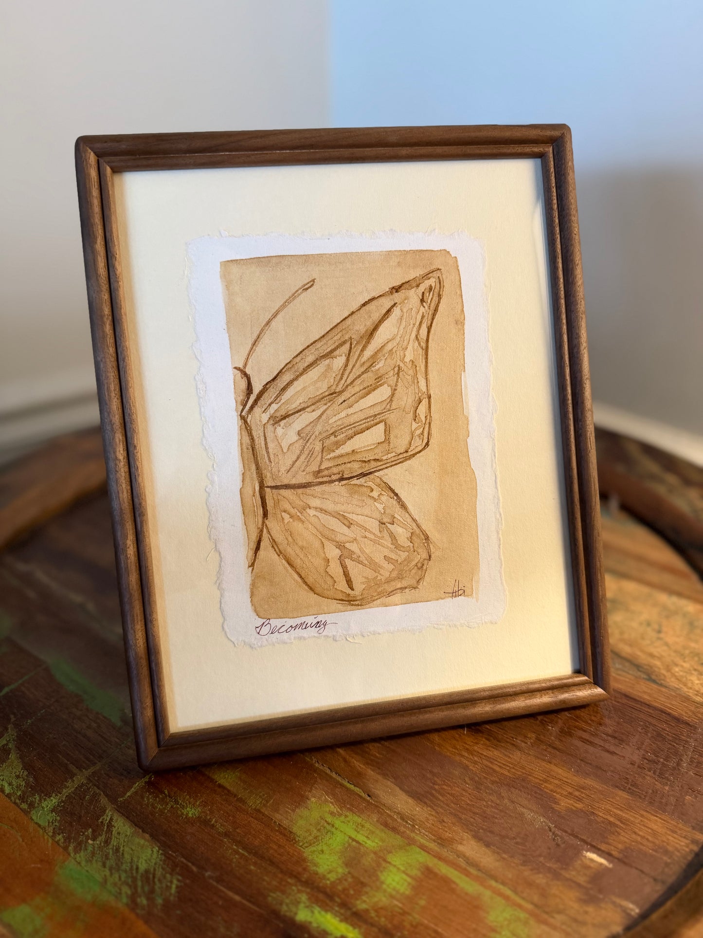"Becoming" II | Butterfly on Cream  | 5x7 Coffee Painting